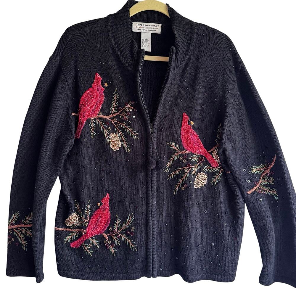 Tiara Int'l Christmas Collection L Cardinal Sequin Bead Zip Up Sweater Cardigan